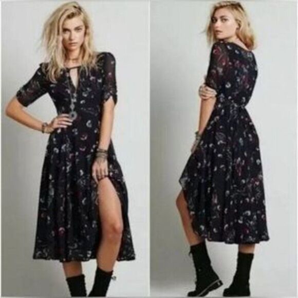 Free People 2 XS Bonnie Dress Floral CottageCore Blue Fit Flare Boho Coquette - Picture 12 of 15